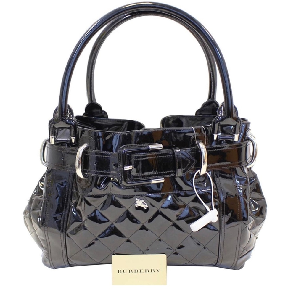 Authentic BURBERRY Black Quilted Patent Leather Beaton Tote Bag with Dust Cover